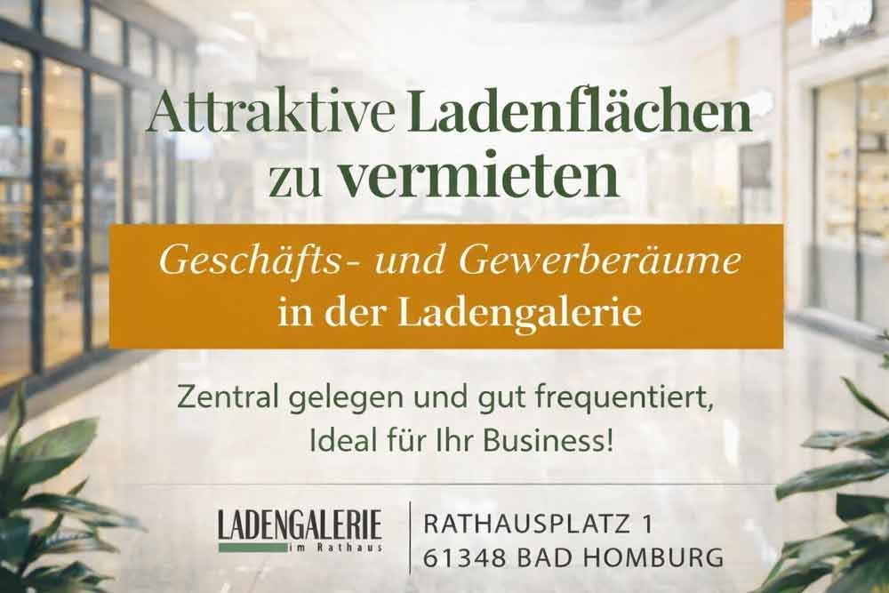 Anzeige für die Vermietung von Gewerbeflächen in einem Einkaufszentrum, mit Text vor verschwommenem Hintergrund des Einkaufszentrums.