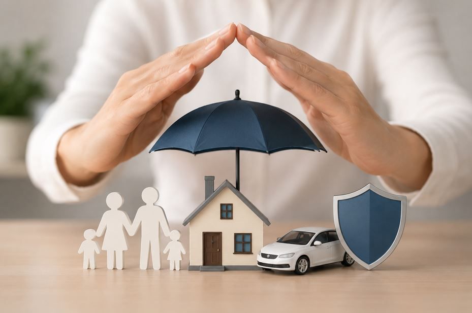 Manos que protegen la casa, la familia, el coche y el escudo, simbolizando la protección del seguro.