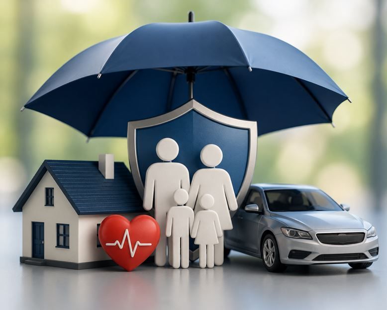 Concepto de protección de seguro con familia, casa, coche, icono de corazón y escudo de paraguas.