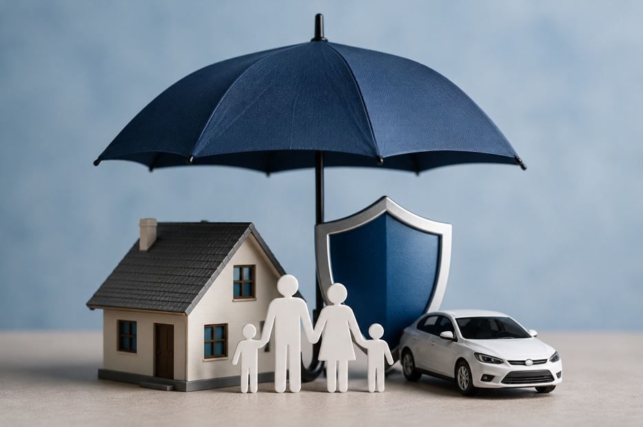 Familia, casa, escudo y coche bajo un gran paraguas azul que simboliza la protección del seguro.