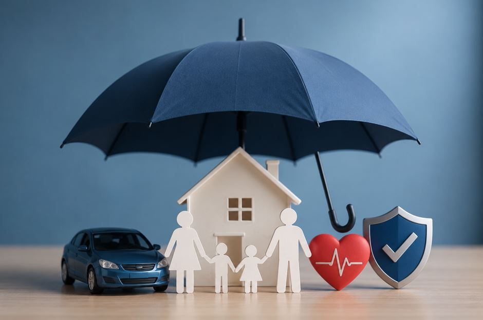 Una casa y figuras familiares bajo un gran paraguas, con símbolos de un coche, un corazón y un escudo sobre una mesa.
