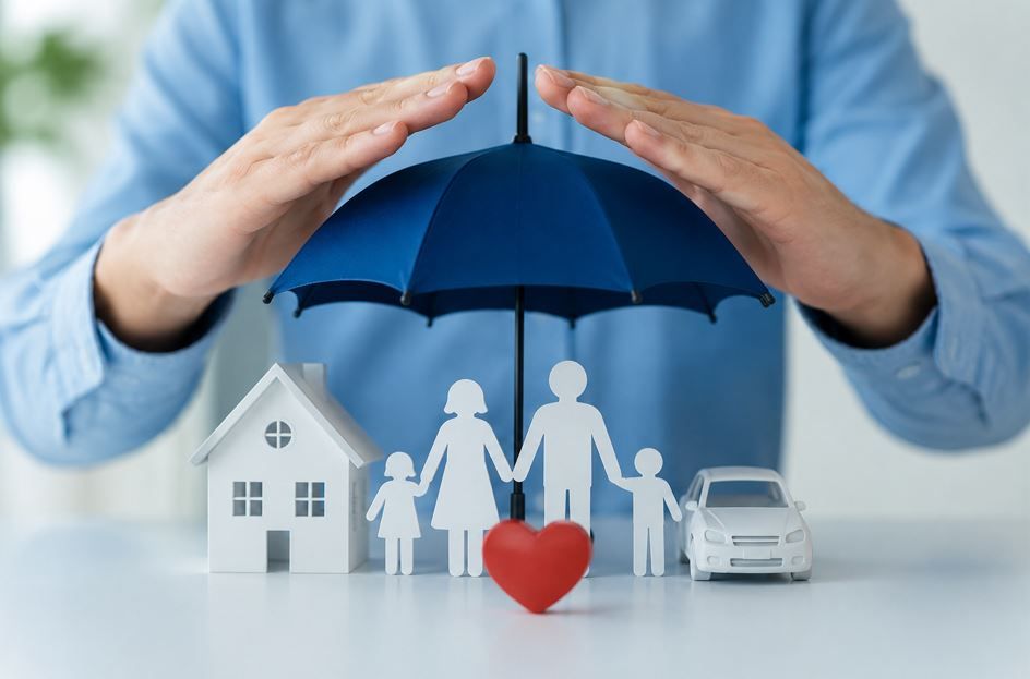Manos protegiendo a una familia, una casa y un coche bajo un paraguas azul con un corazón rojo.