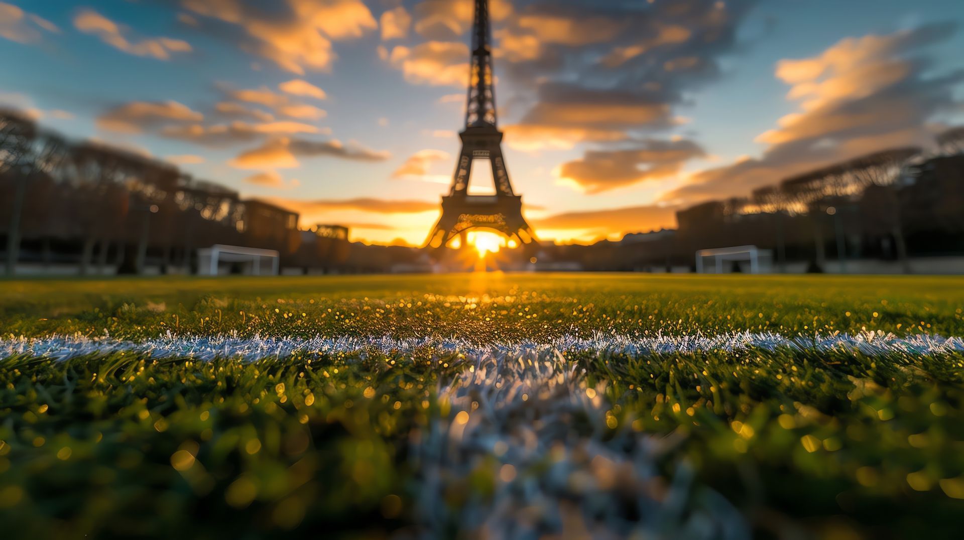 La tour Eiffel au coucher du soleil, avec un terrain de football.