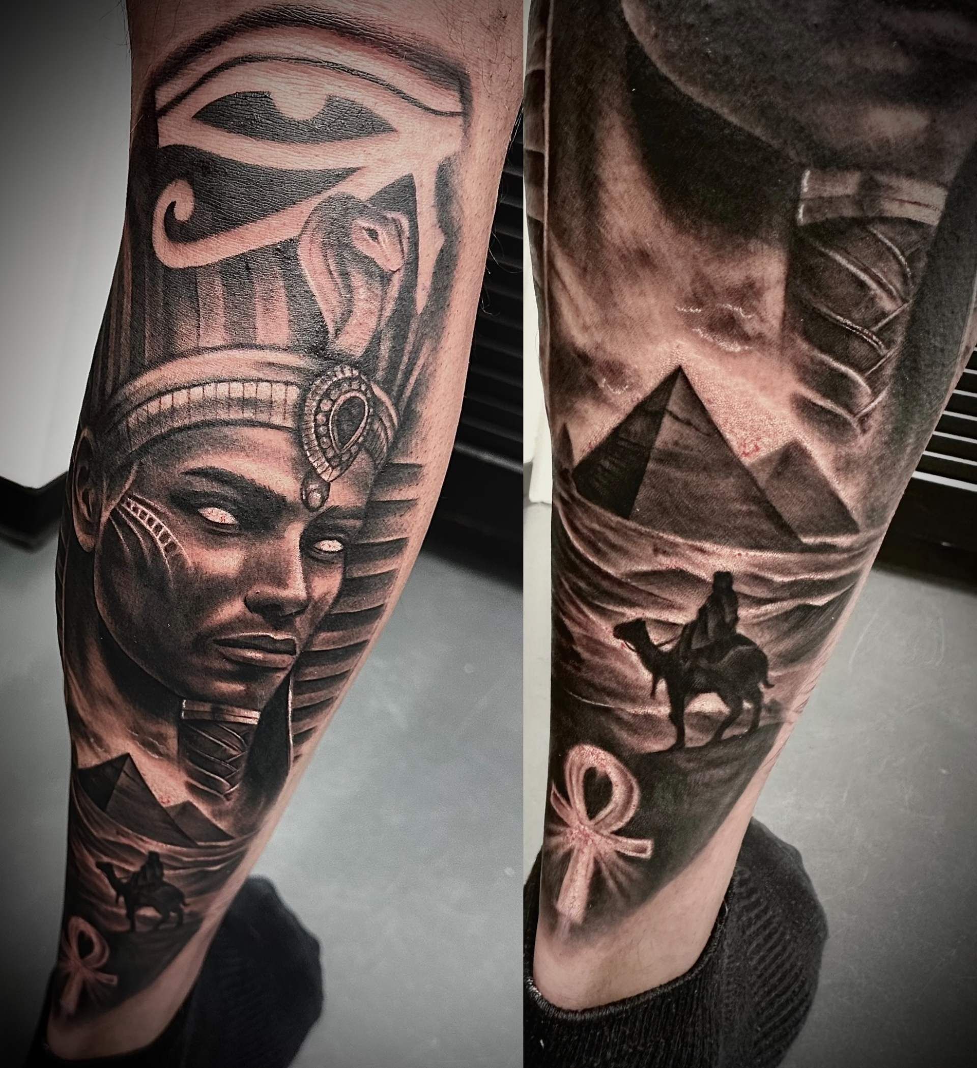 Tattoo eines Pharaos und Pyramiden, realistisch und kunstvoll