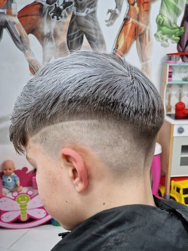 Un niño pequeño se está cortando el pelo en una barbería.