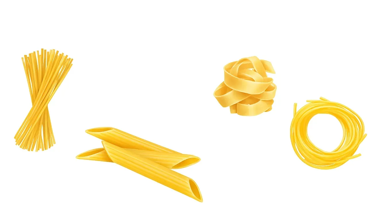 Variedades de pasta: espaguetis, penne, fettuccine y linguini, todas de color amarillo dorado.