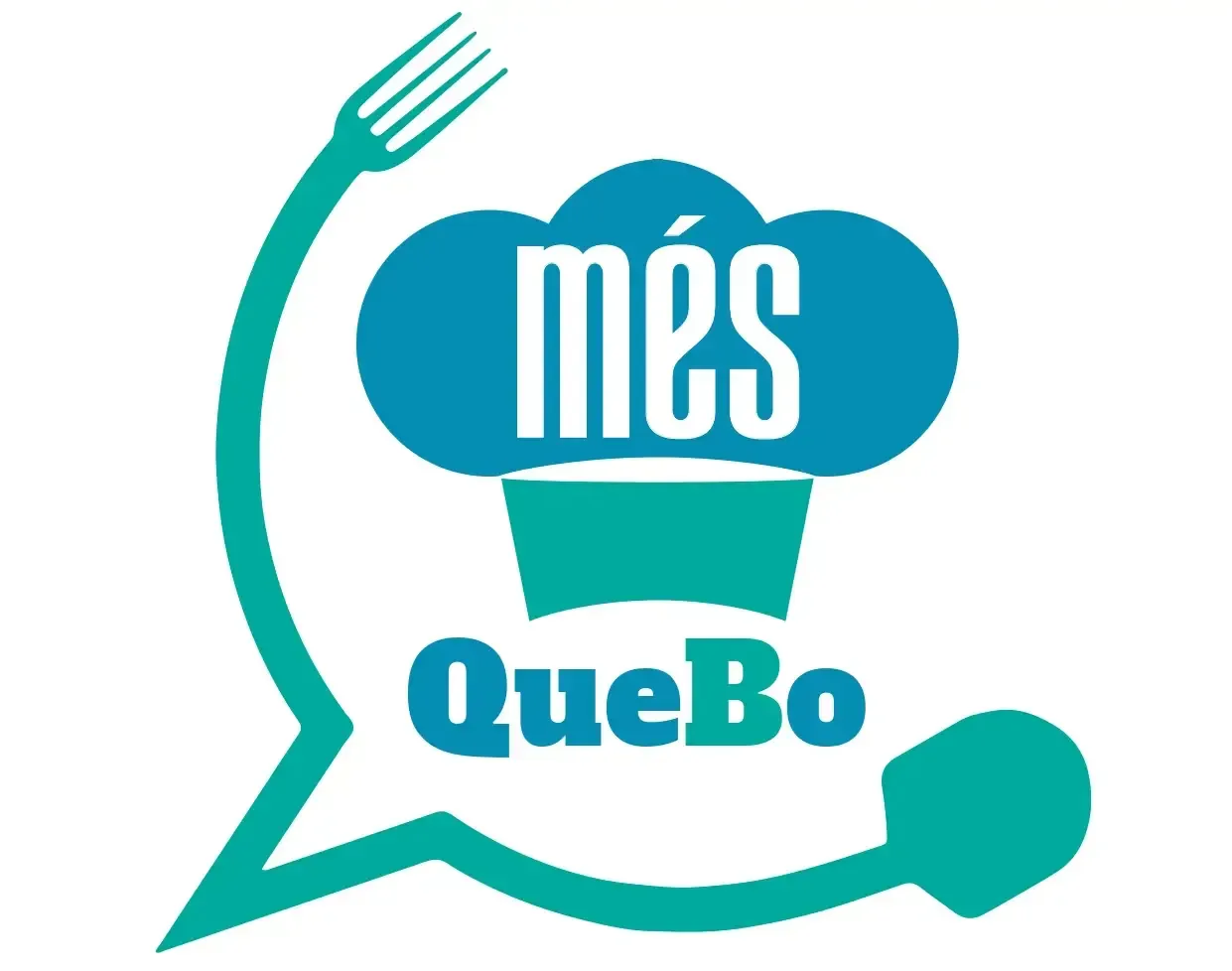 Logotipo con gorro de chef color verde azulado y globo de diálogo formando un tenedor; el texto dice "més QueBo".
