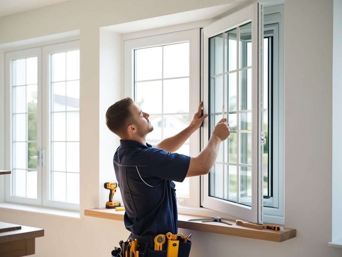 Un uomo sta installando una finestra in una casa.