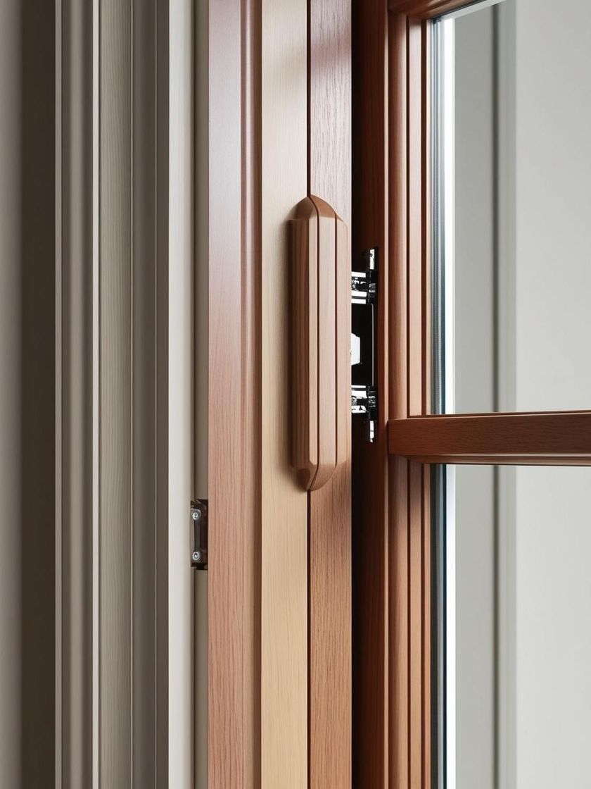 Un primo piano di una finestra in legno con una maniglia