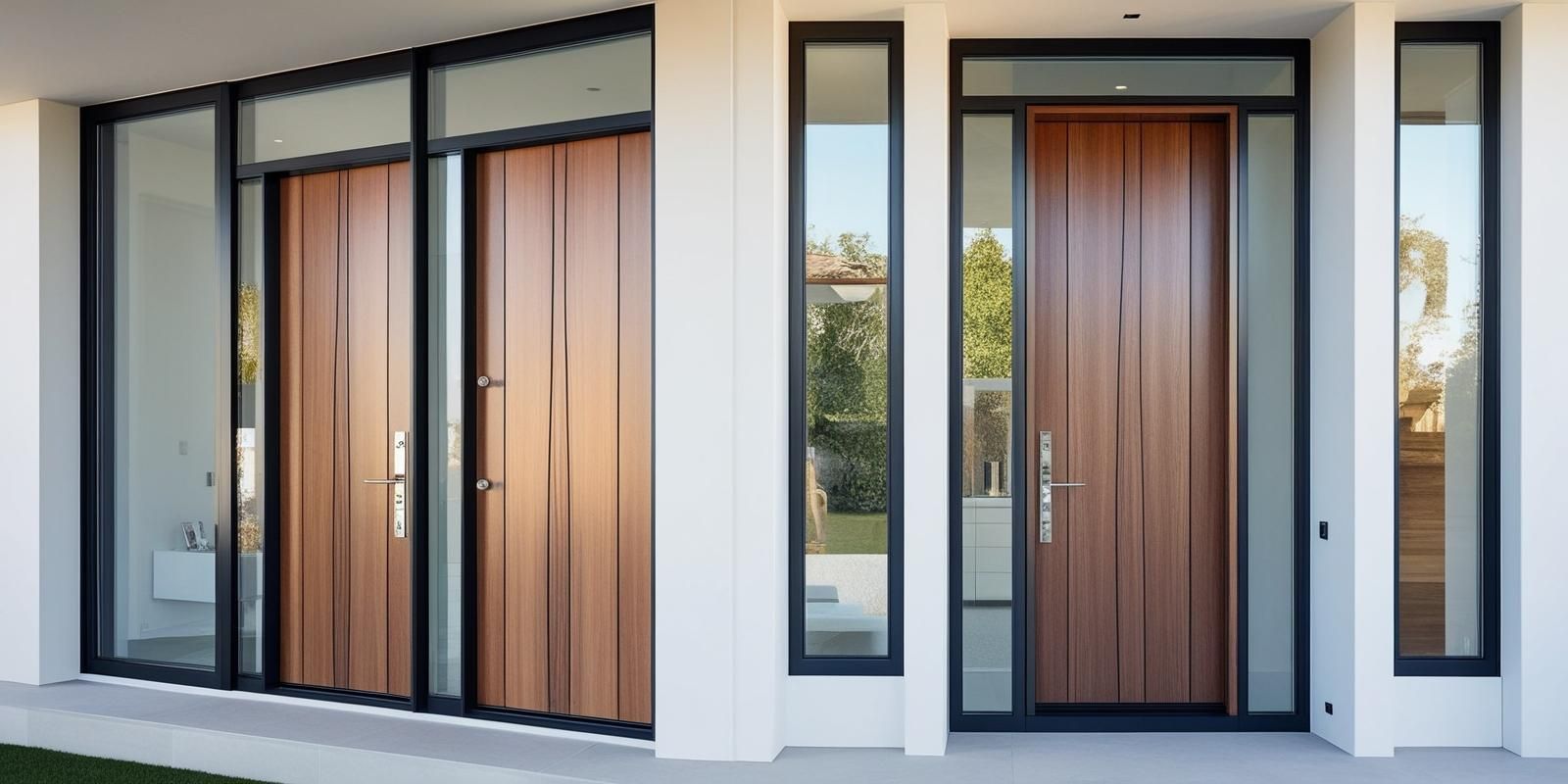 Una casa con una porta di legno e tante finestre
