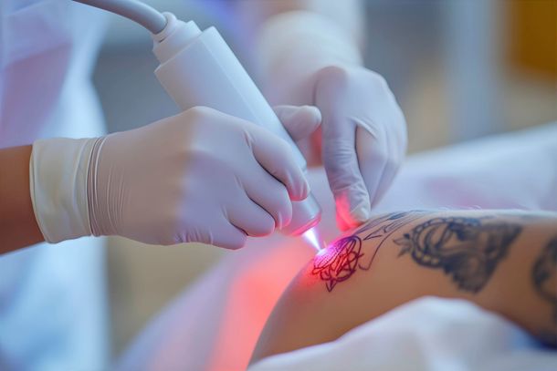 Eine Frau lässt sich ihr Armtattoo per Laser entfernen.