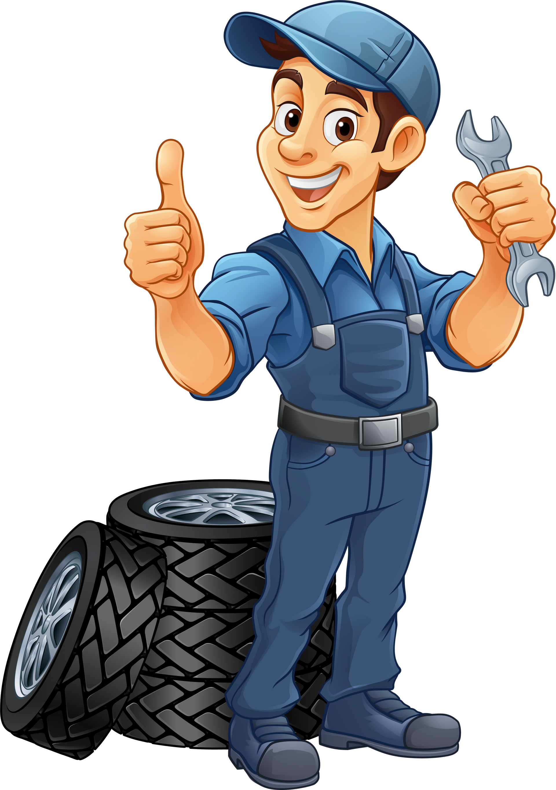 Un mécanicien en uniforme lève le pouce en tenant une clé à molette à côté d'une pile de pneus.