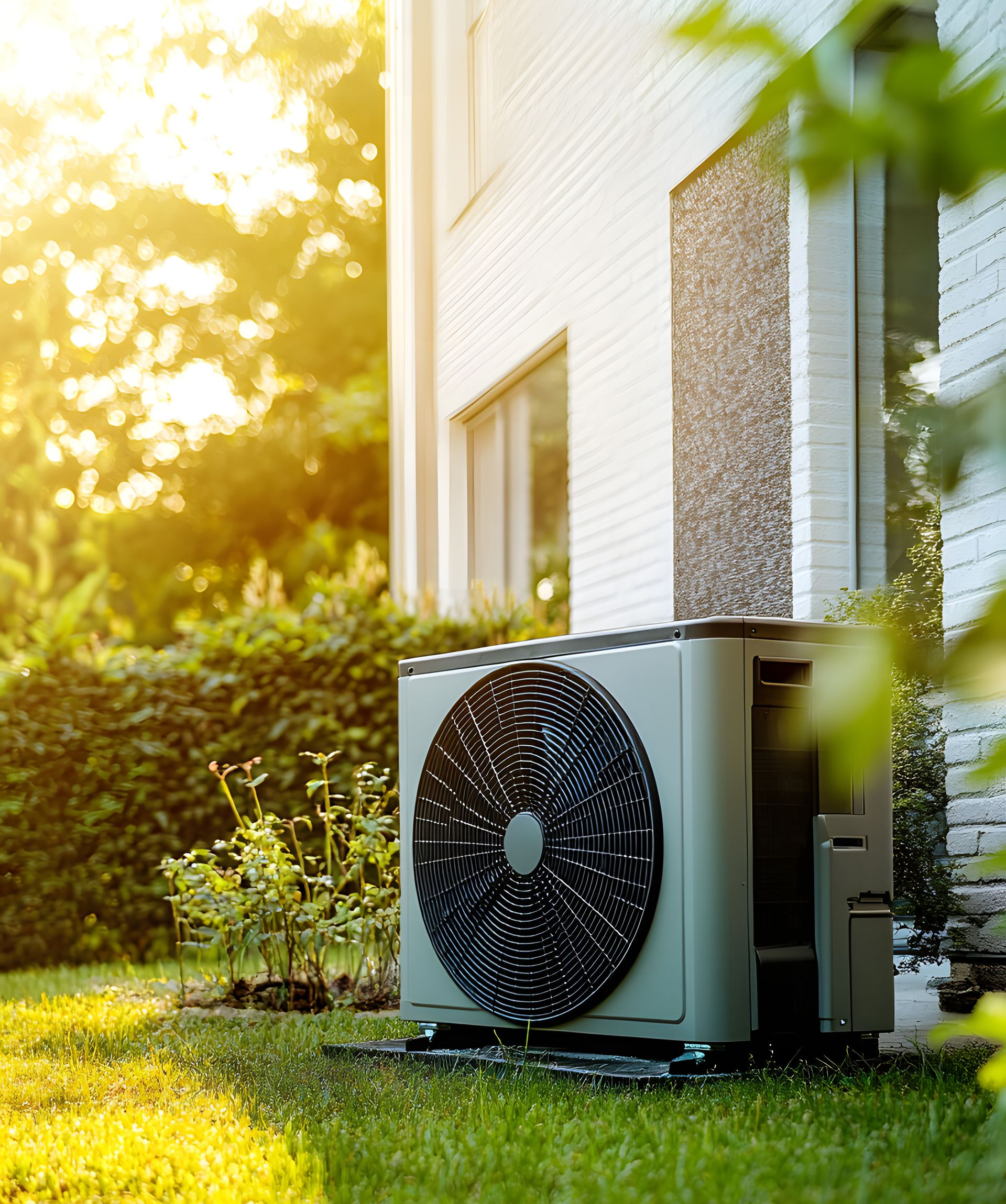 Unité de pompe à chaleur à l'extérieur d'une maison, sur une pelouse verte, rétroéclairée par le soleil.