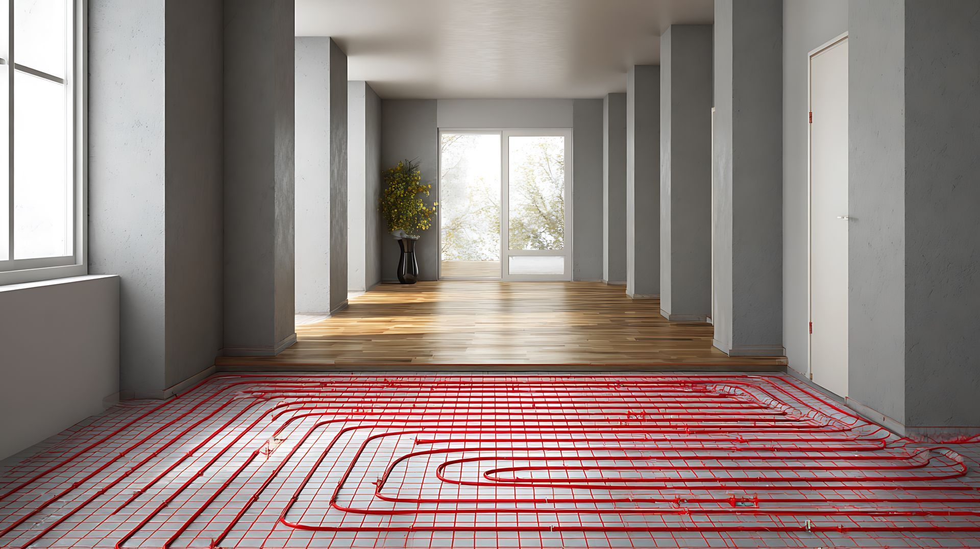 Des tubes de chauffage au sol radiants rouges sont posés sur un sous-plancher dans une pièce longue bénéficiant d'une lumière naturelle et d'un parquet.