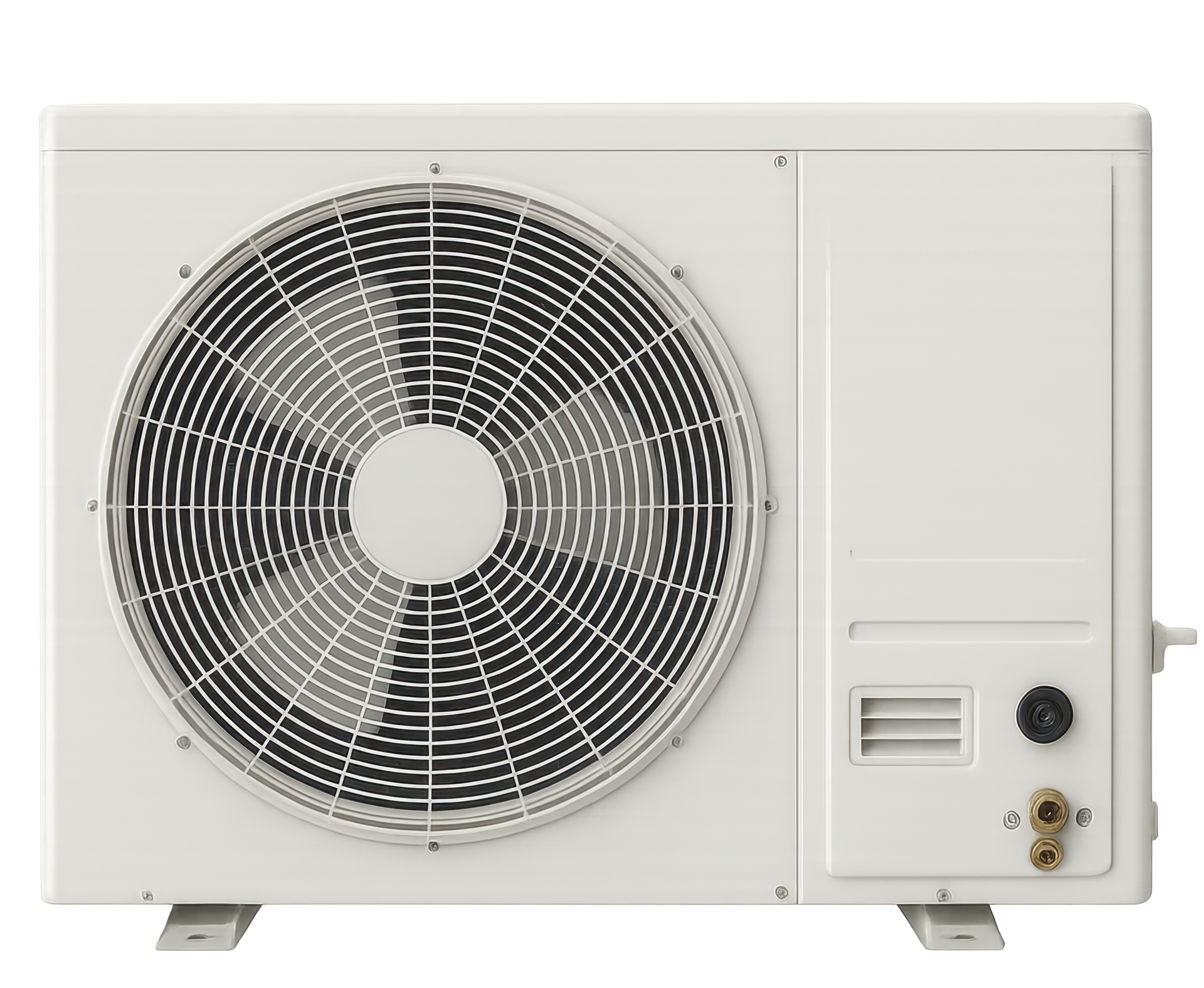 Unité de climatisation extérieure blanche avec grand ventilateur.
