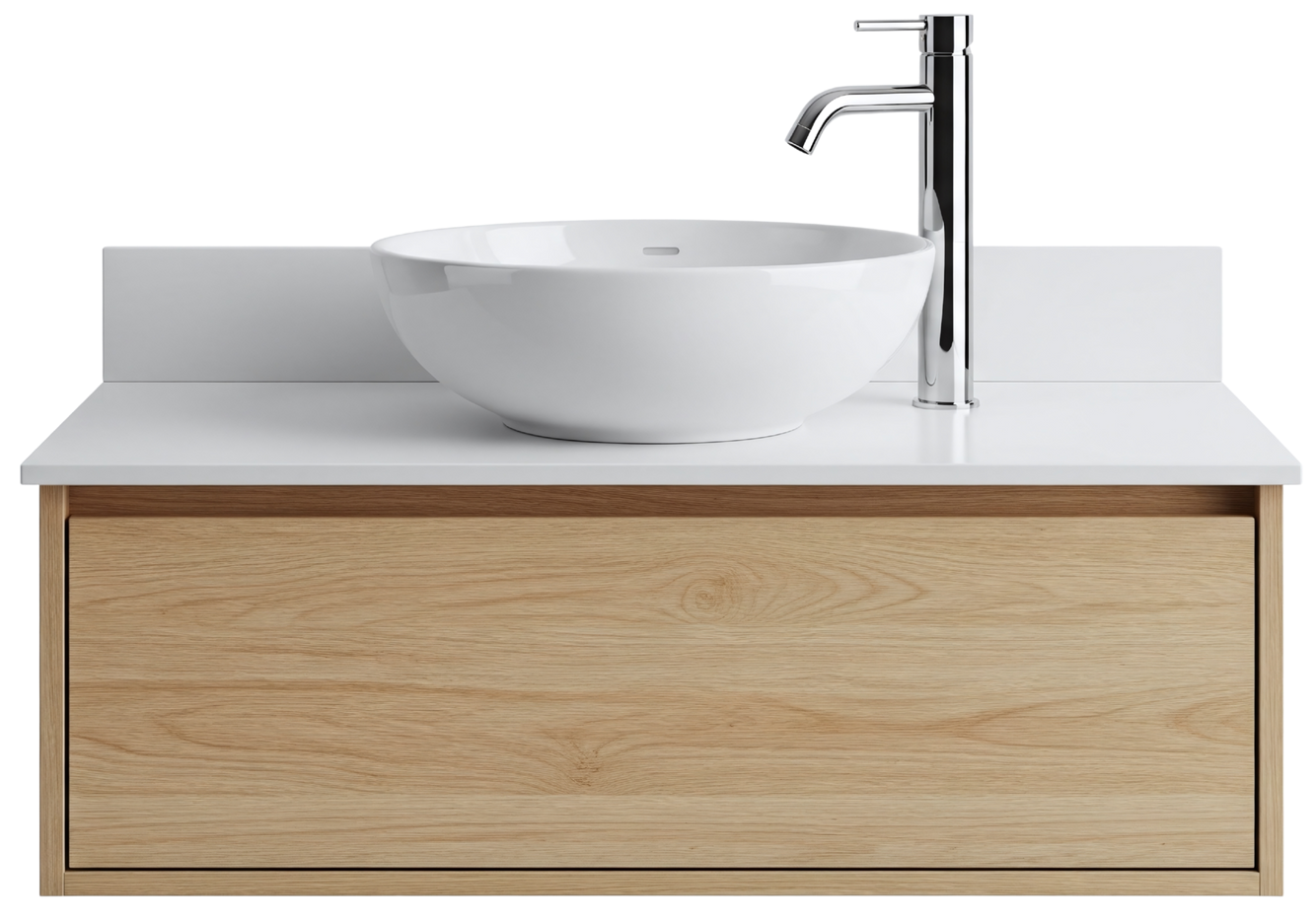 Meuble-lavabo de salle de bains avec tiroir en bois clair, comptoir blanc, vasque et robinet chromé.