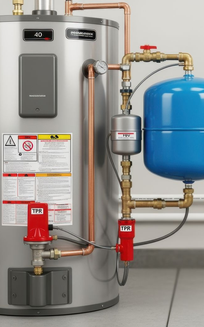 Chauffe-eau avec accessoires et vase d'expansion bleu.