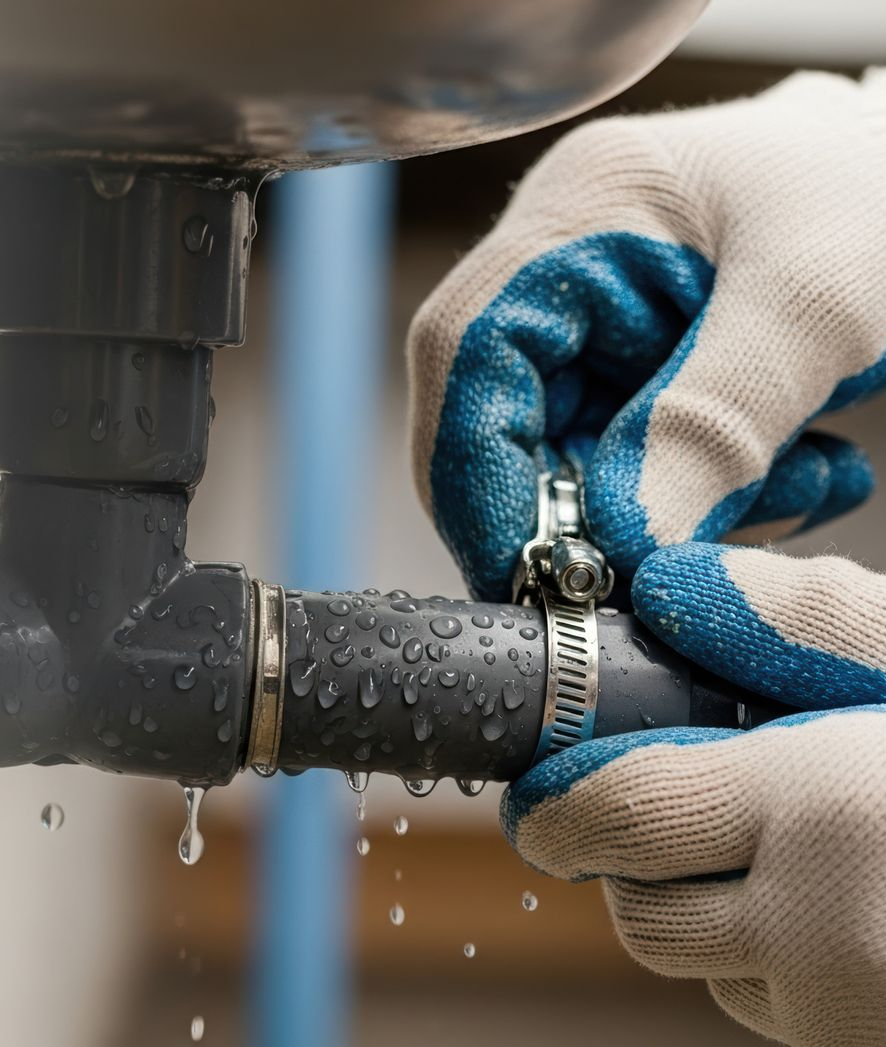 Une personne gantée resserre un collier sur un tuyau qui fuit. Des gouttelettes d'eau sont visibles.