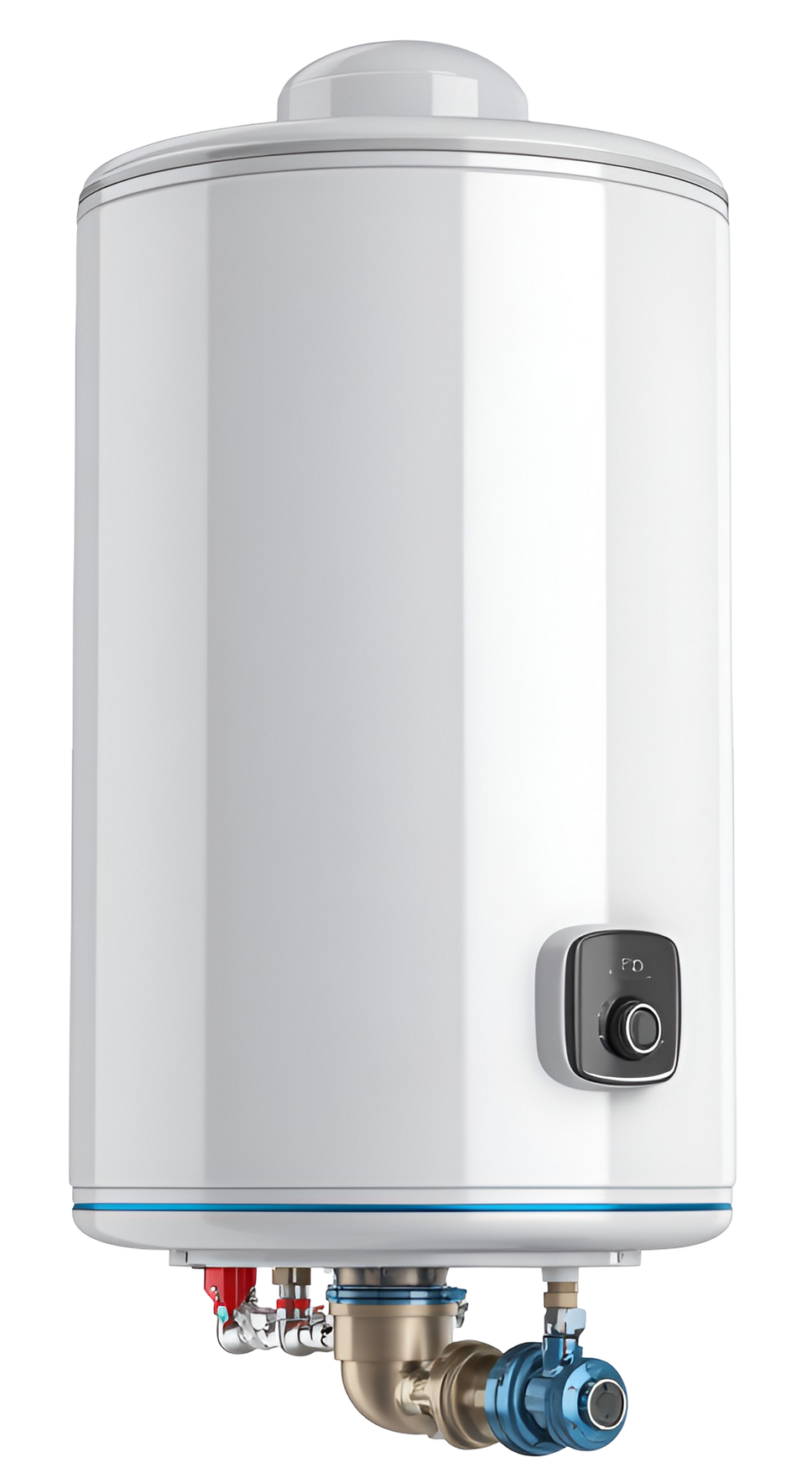 Chauffe-eau vertical blanc avec tuyauterie, vannes et panneau de commande.