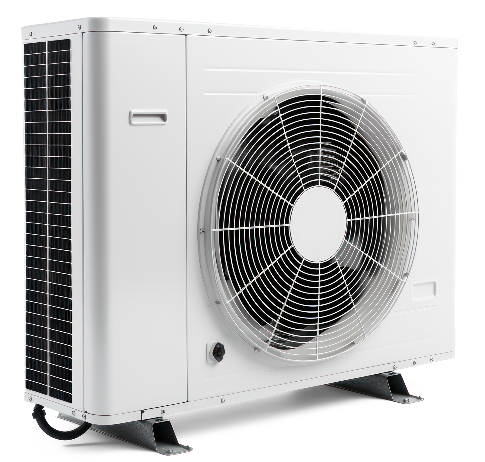 Pompe à chaleur blanche avec un grand ventilateur et des grilles de ventilation.