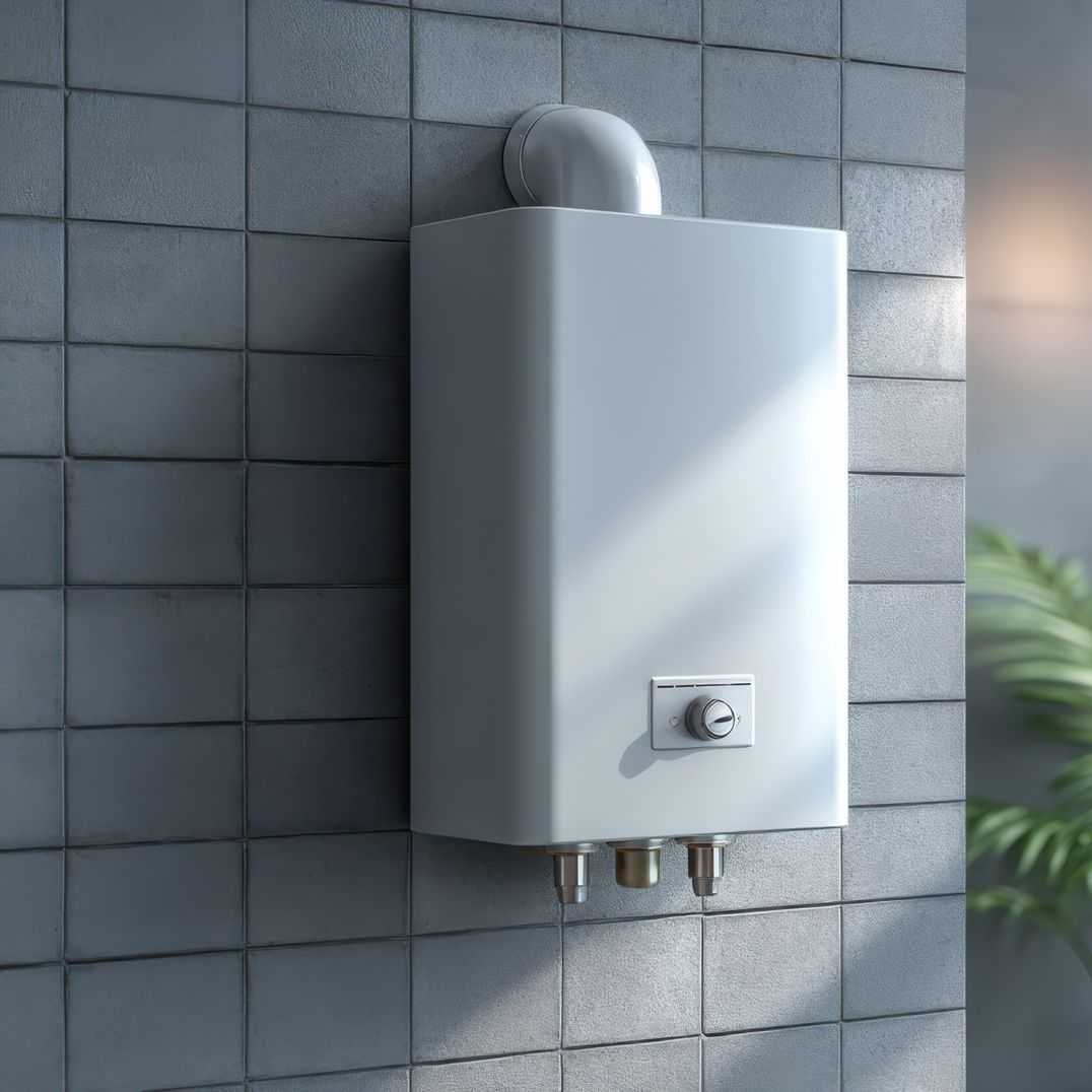 Chauffe-eau à gaz mural, blanc, sur un mur carrelé gris, avec tuyau d'évacuation et bouton de commande.