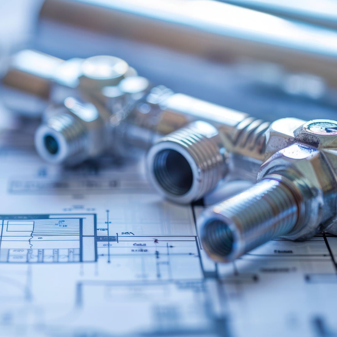 Raccords de plomberie sur un plan. Gros plan sur des pièces métalliques brillantes utilisées dans la construction.