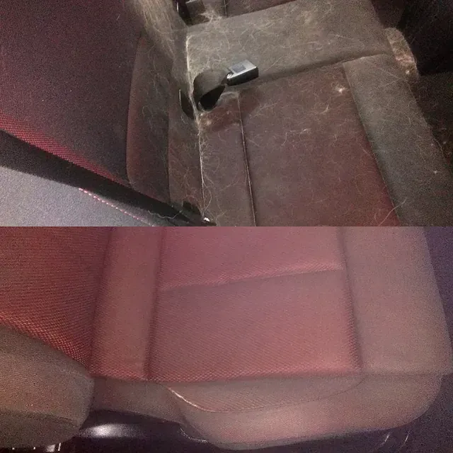 Vista antes y después de un asiento de automóvil, que muestra el asiento limpio de suciedad y residuos, revelando un color más claro.