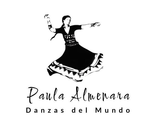 Logotipo en blanco y negro de una bailarina con falda amplia y movimientos de brazos