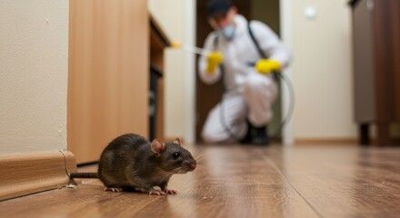 Souris se baladant pendant un dératiseur s'occupe de pulvériser un traitement en arrière plan