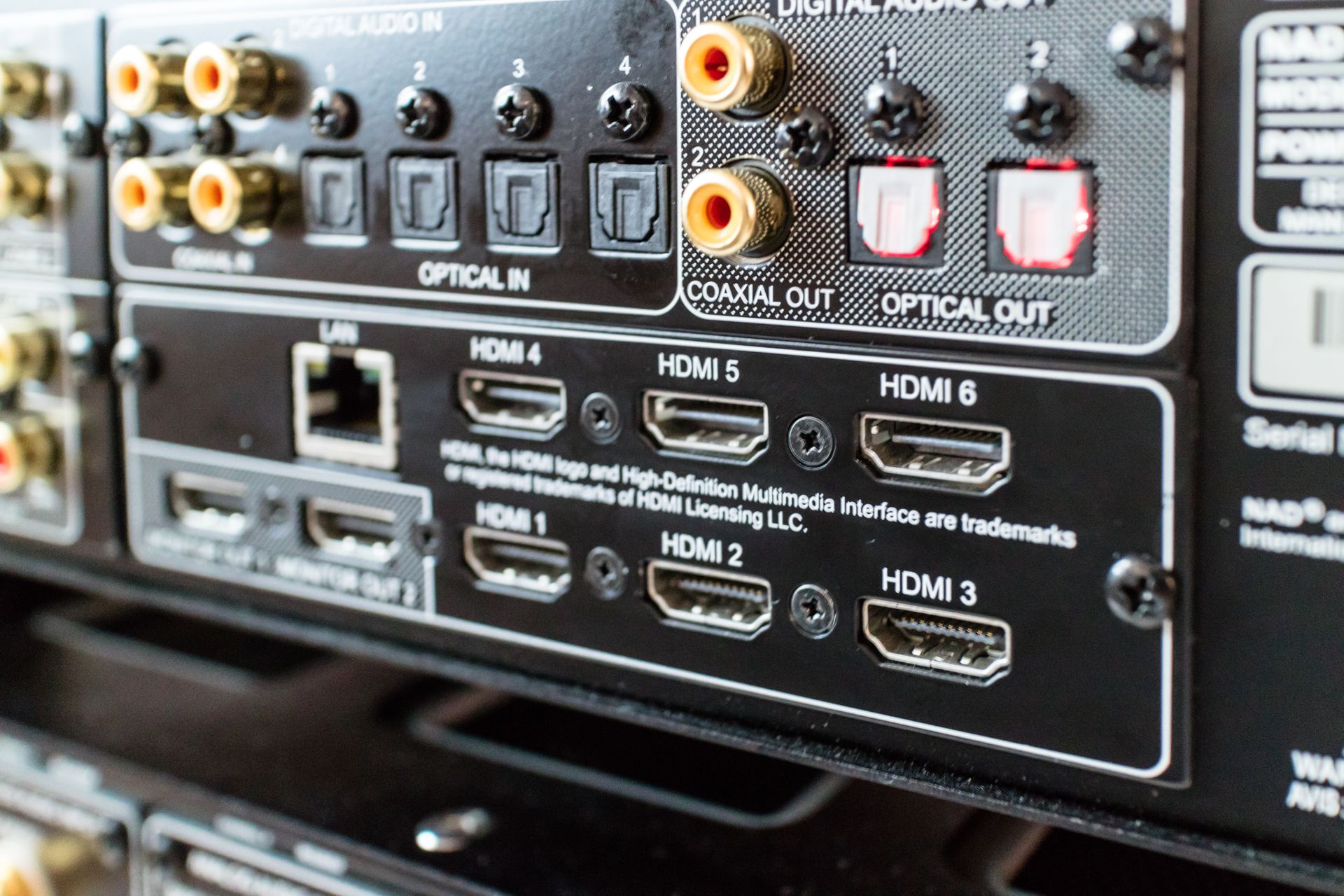 Panneau arrière d'un récepteur AV avec ports d'entrée/sortie HDMI, optique et audio.