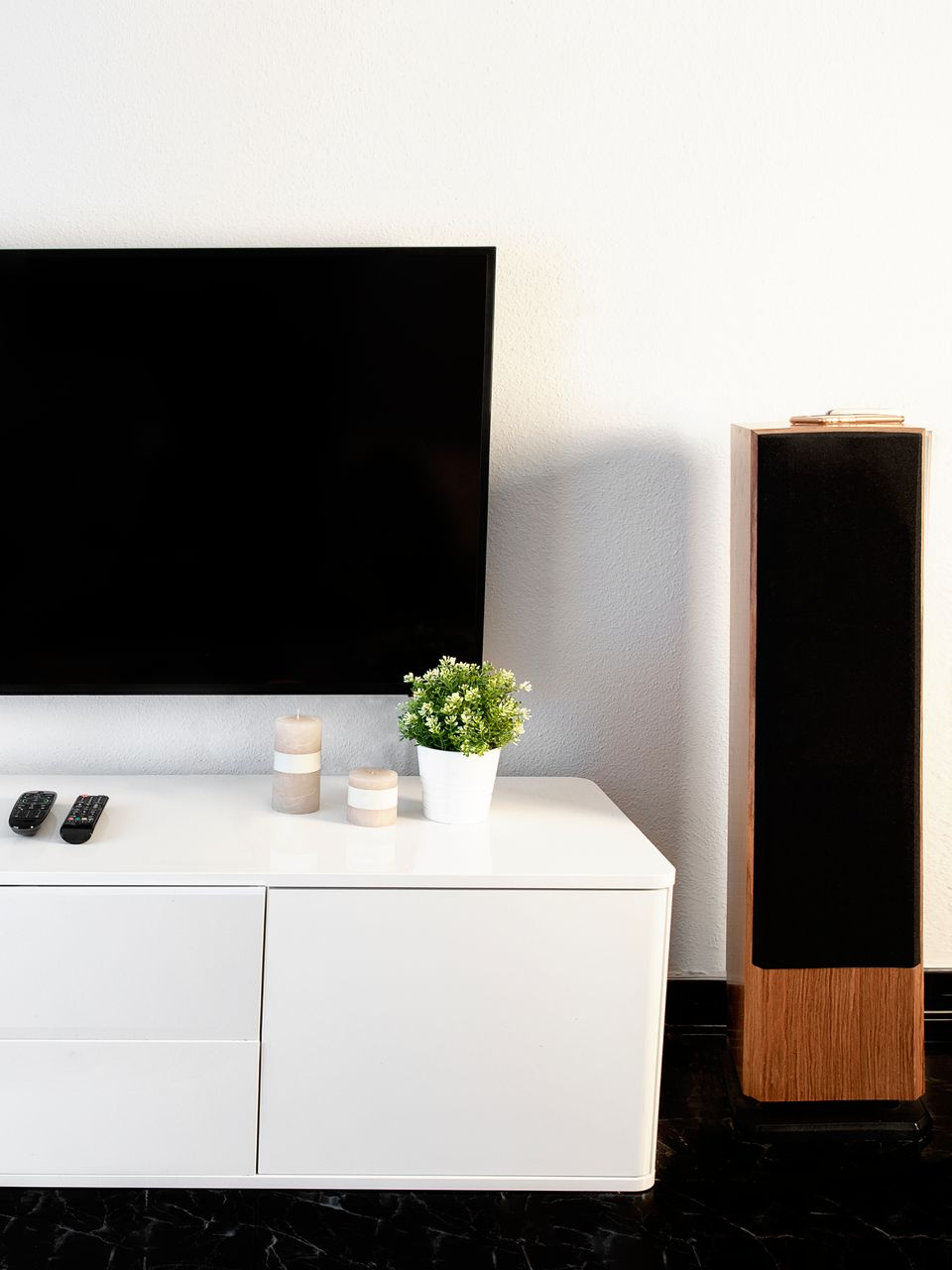 Une télévision, haut-parleur et plante contre un mur blanc.