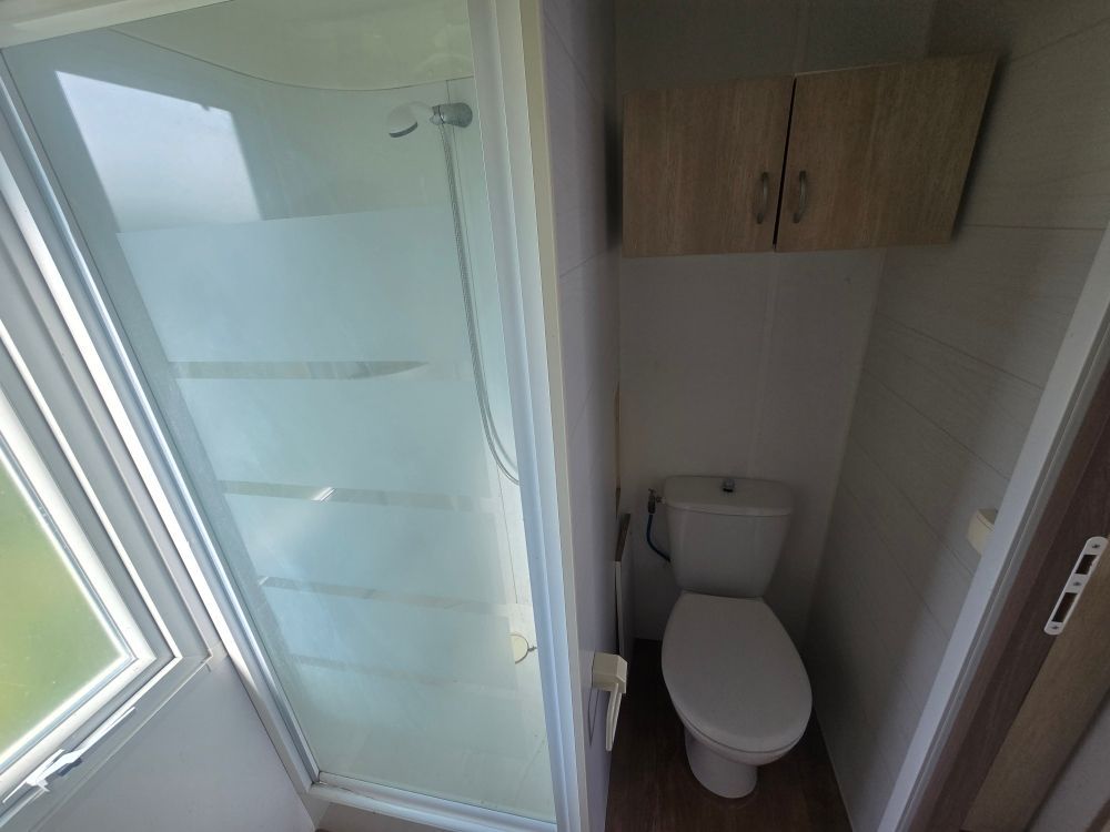 Petite salle de bains avec toilettes, douche en verre dépoli et armoire murale à côté d'une fenêtre.