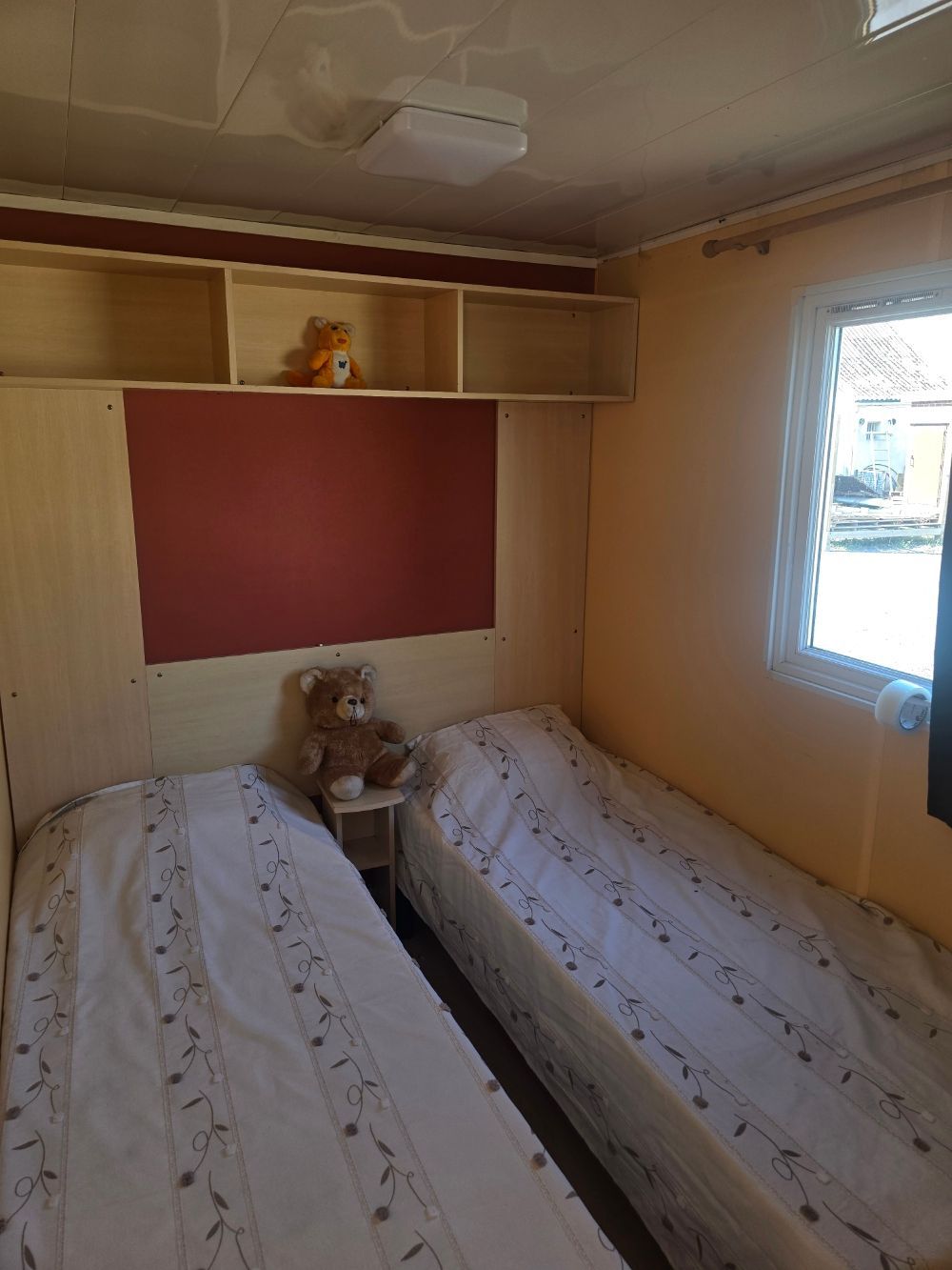 Petite chambre avec deux lits simples, un ours en peluche et une fenêtre laissant entrer la lumière du jour.