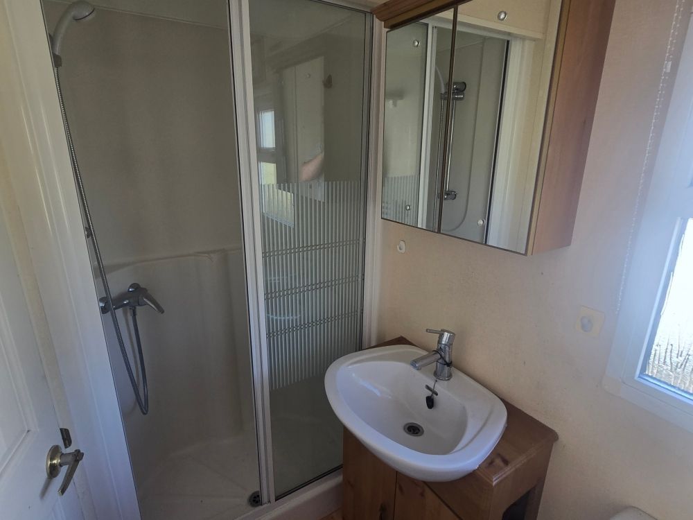 Petite salle de bains avec douche, lavabo, armoire de toilette et fenêtre dépolie.