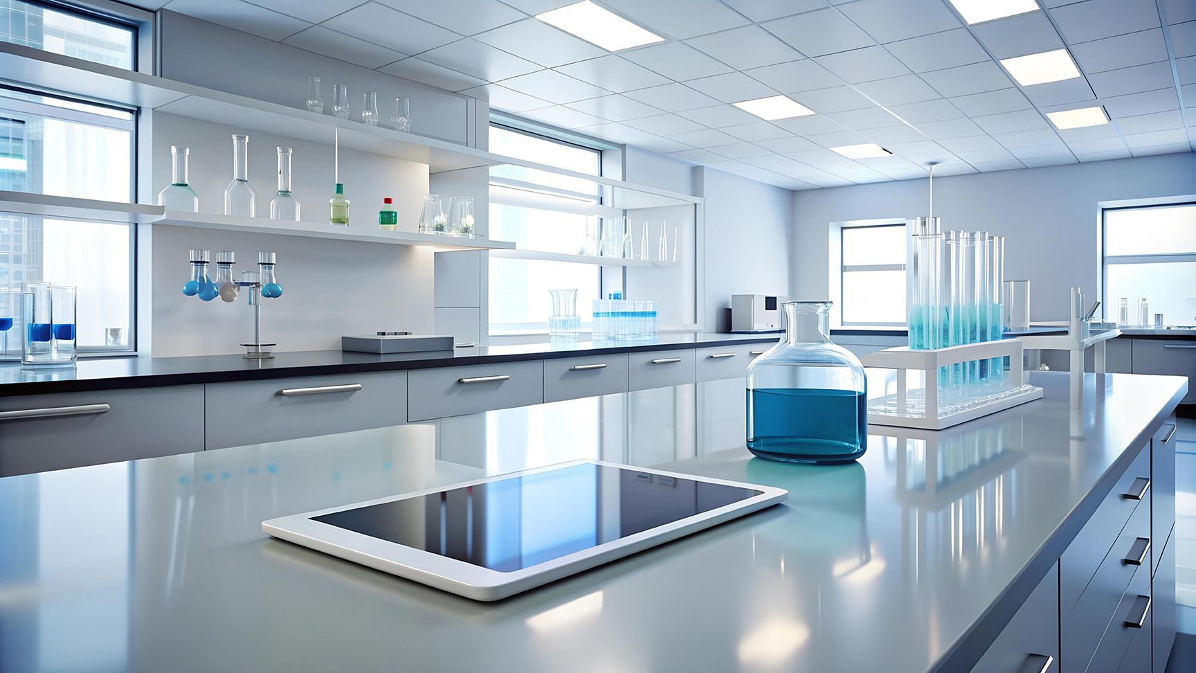 Paillasse de laboratoire avec une tablette, une fiole et des tubes à essais dessus