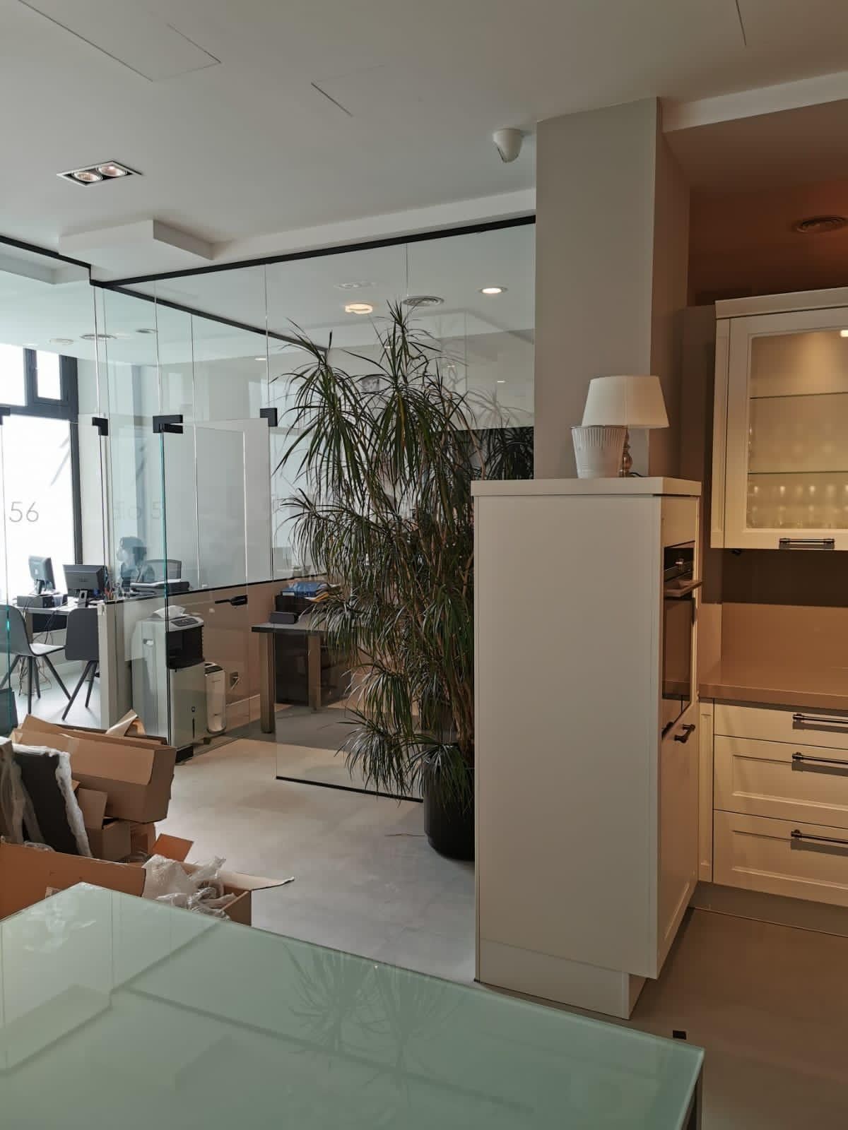 Interior de oficina moderno con paredes de cristal, escritorios, una planta alta y una habitación iluminada a la derecha.