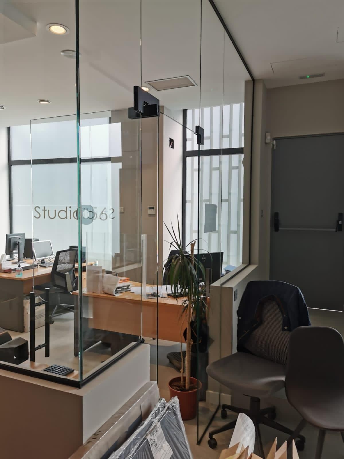 Área de recepción de oficina con mamparas de cristal, escritorio, sillas y una planta junto a los grandes ventanales.