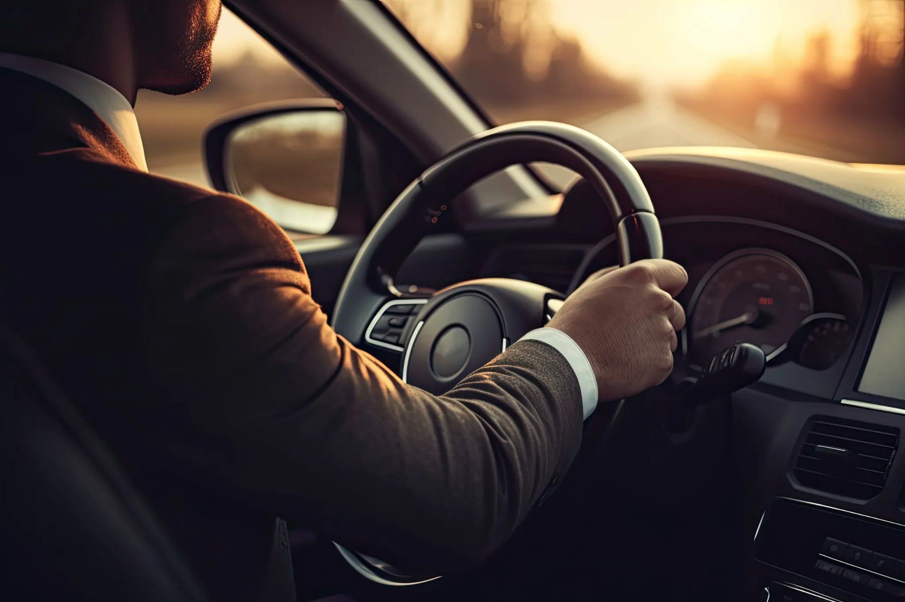 Un hombre con traje y corbata conduce un coche.