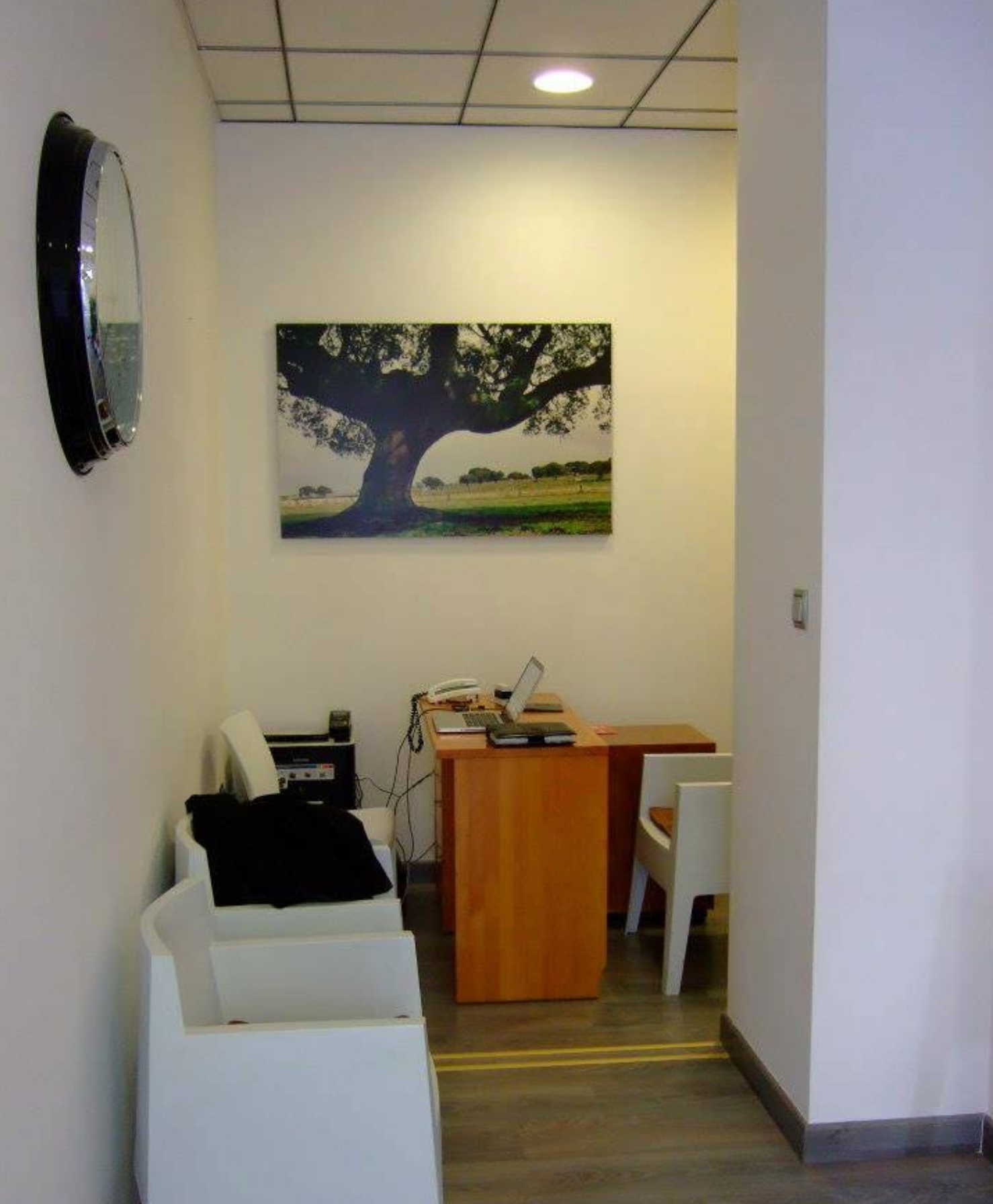 Una habitación con una pintura de un árbol en la pared.