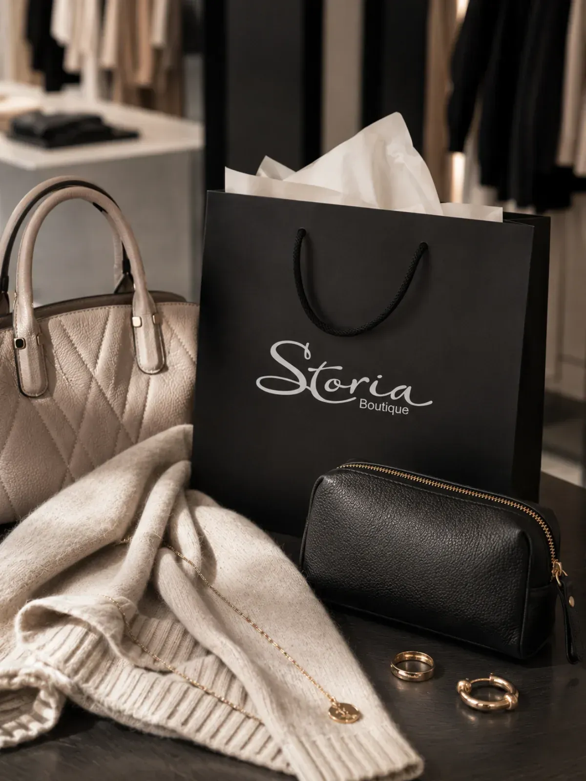 Schwarze Storia-Einkaufstasche mit Handtasche, Portemonnaie, Ringen und gefaltetem Pullover auf weichem beigefarbenem Untergrund