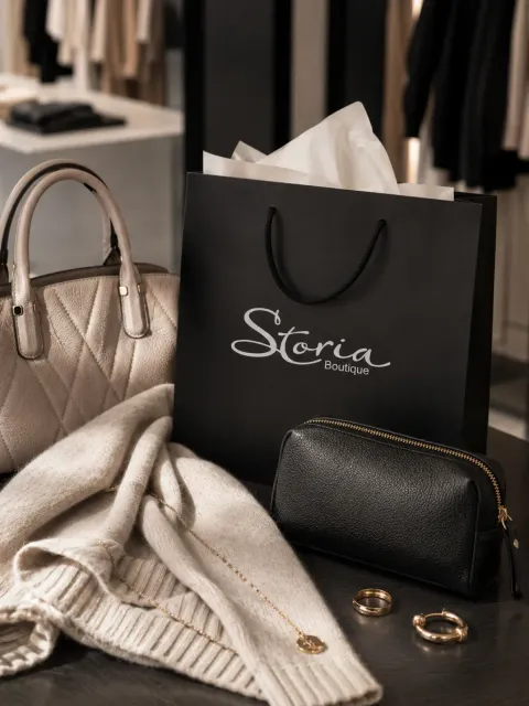 Luxuriöse Handtaschen, Schmuck und eine schwarze Einkaufstasche auf einer weichen Strickdecke in einer Boutique-Kulisse