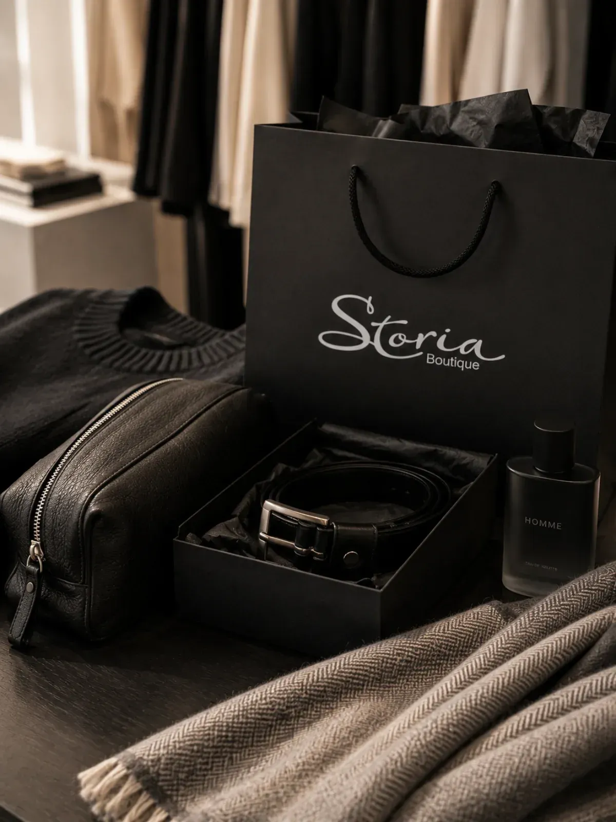 Eine schwarze Storia-Geschenktasche mit Accessoires liegt auf einem Bett neben gefalteter Strickware und einer Jacke.