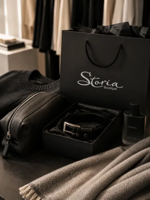 Schwarze Storia-Einkaufstasche mit Geschenkbox, Geldbörse und Strickstoff, ausgestellt auf einem Bett oder Sofa.