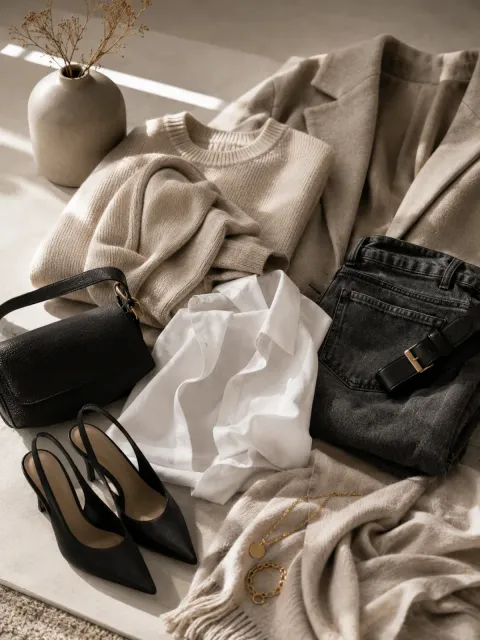 Beigefarbenes Outfit mit Accessoires: Pullover, Jeans, weißes Hemd, schwarze High Heels, Handtasche, Vase und Goldschmuck.