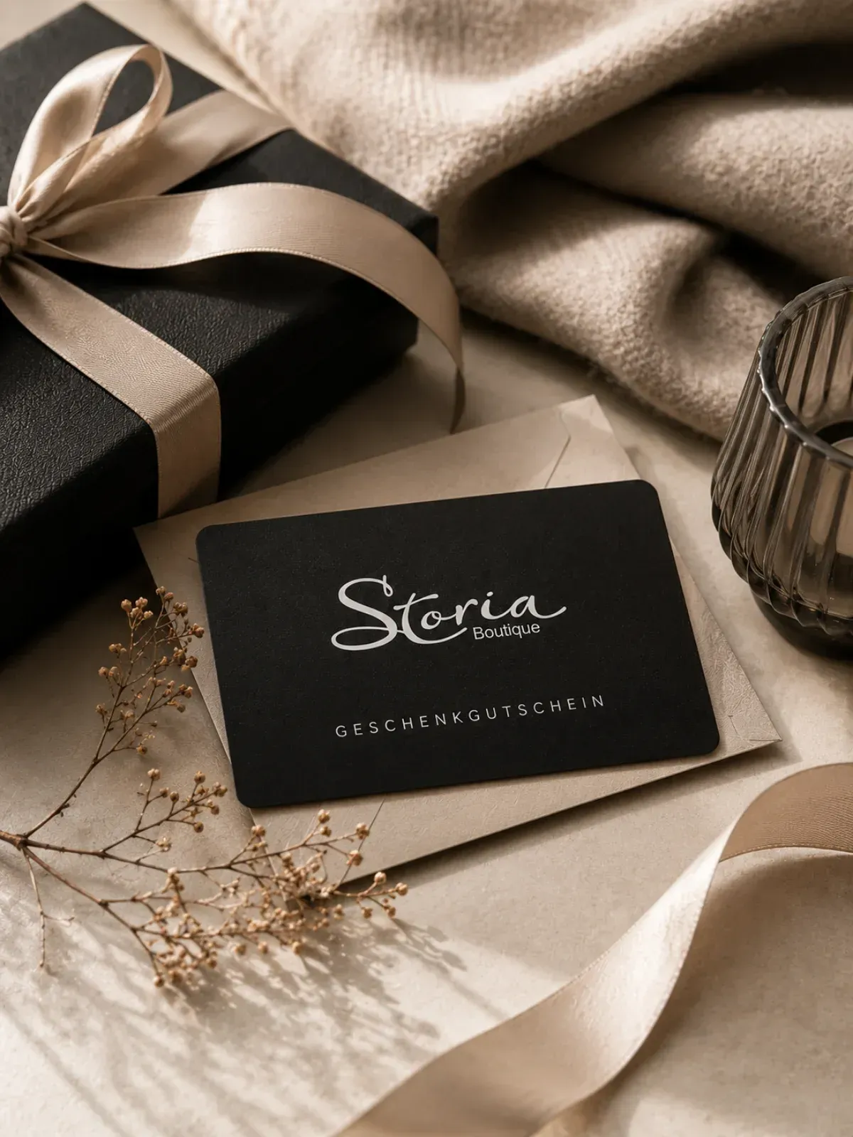 Schwarze Geschenkbox mit beigefarbenem Band und Satinstoff auf neutralem Tisch, daneben eine Visitenkarte mit der Aufschrift „Storia“.