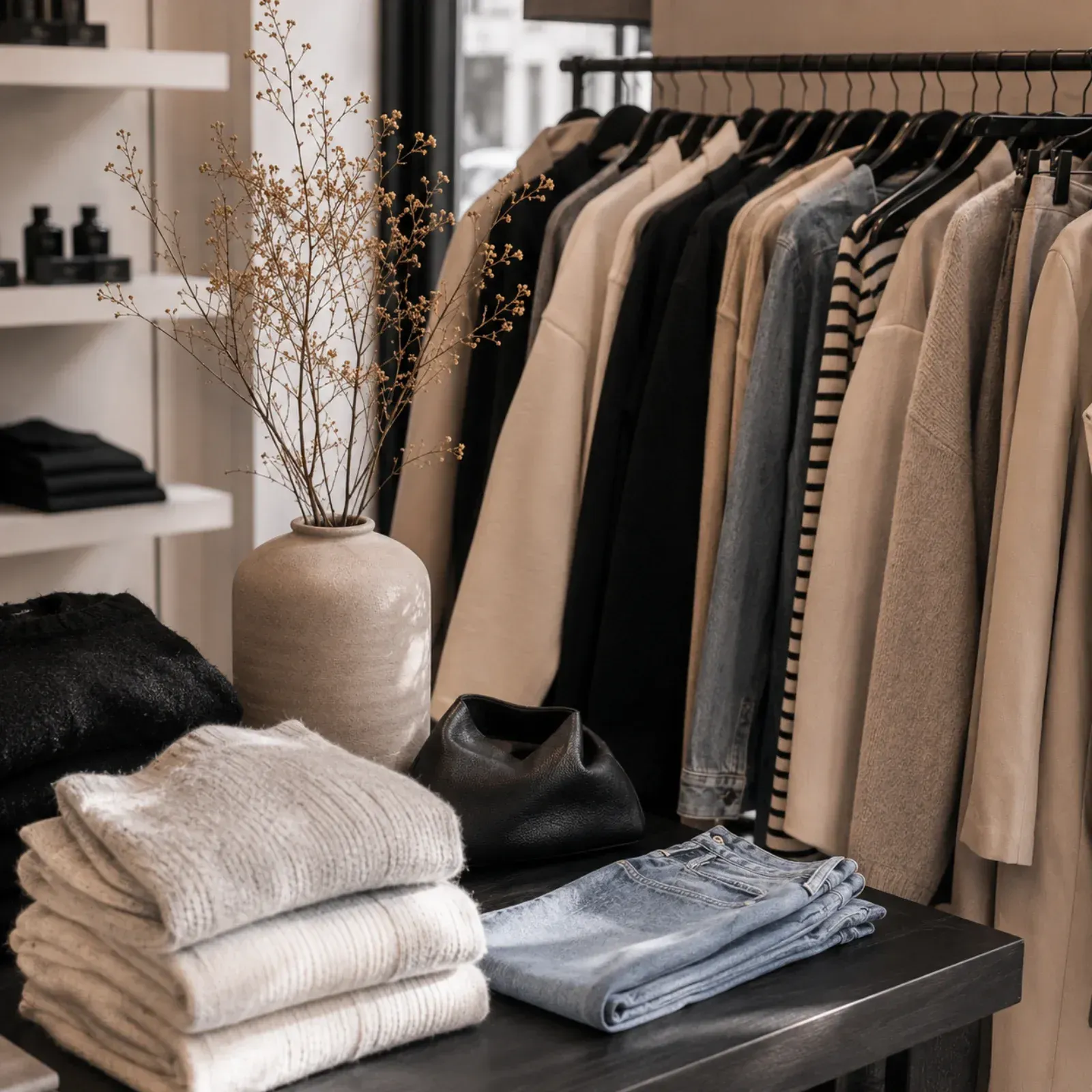 Minimalistischer Kleiderständer mit neutralen Mänteln, gefalteten Pullovern, Jeans und dekorativen Trockenzweigen in einer Boutique