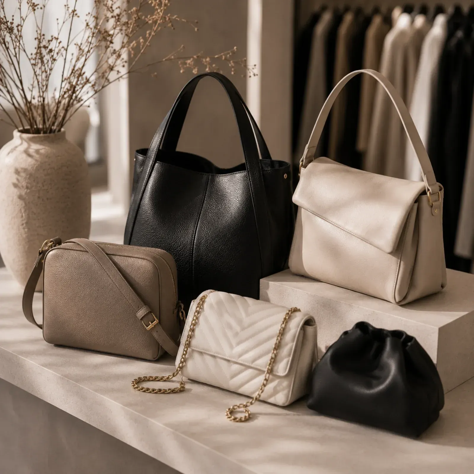 Verschiedene Handtaschen in Schwarz, Beige und Taupe, arrangiert auf einem Tisch in einer Boutique-Umgebung