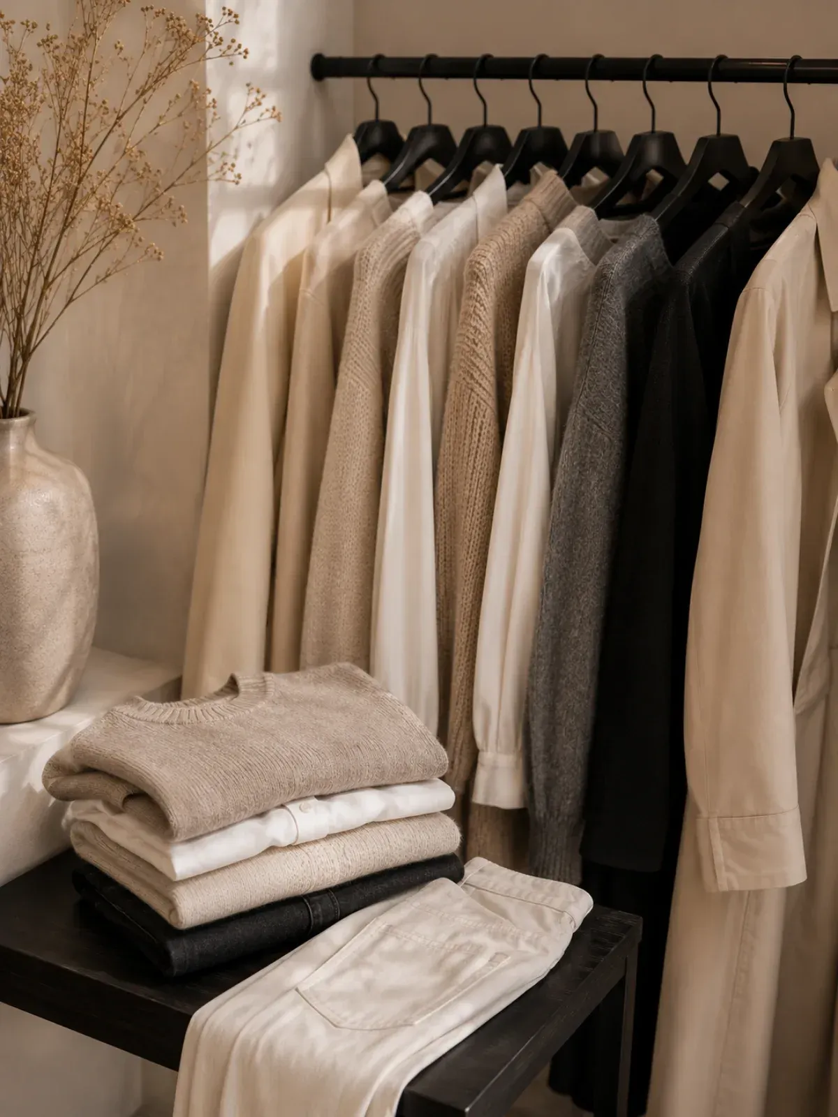 In einer minimalistischen Boutique hängen Kleidungsstücke in neutralem Beige an Kleiderbügeln, daneben liegen gefaltete Pullover auf einem Regal.