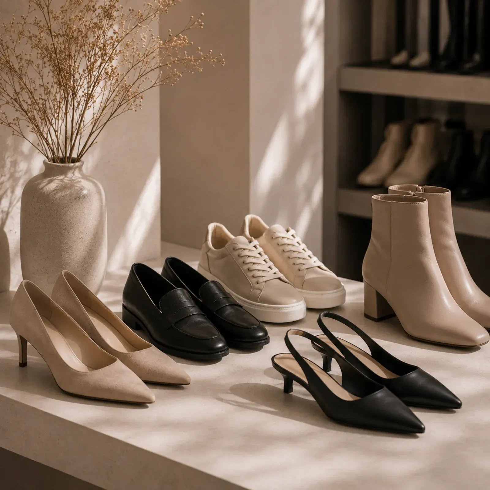 Verschiedene Damenschuhe, darunter beige, schwarze, weiße und cremefarbene Paare, sind auf einem sonnenbeschienenen Regal in einem Kleiderschrank ausgestellt.