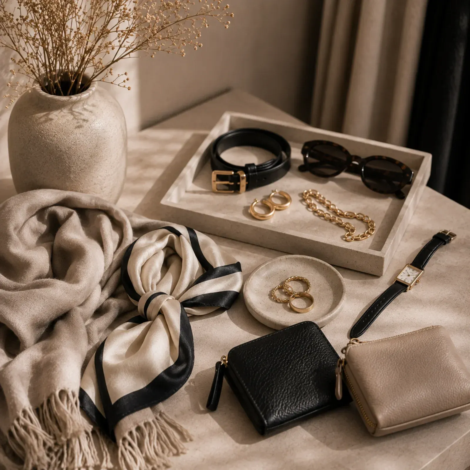 Beige-getönte, flach arrangierte Schals, Sonnenbrillen, Schmuck, Uhren und Geldbörsen auf einem Tablett und Tisch